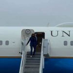 Kamala Harris disembarks from Air Force 2 in RI