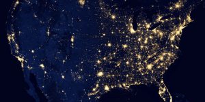 An aerial photograph of the U.S. at night.