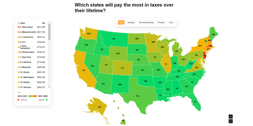 Map of lifetime taxes by state