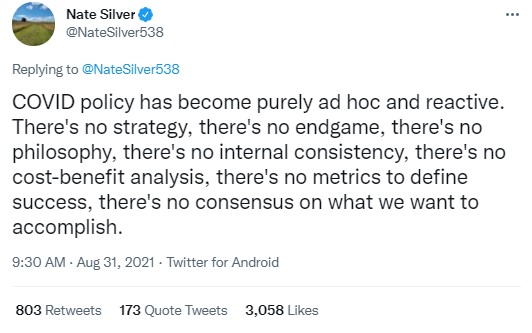 Nate Silver tweets that COVID policy is ad hoc and reactive