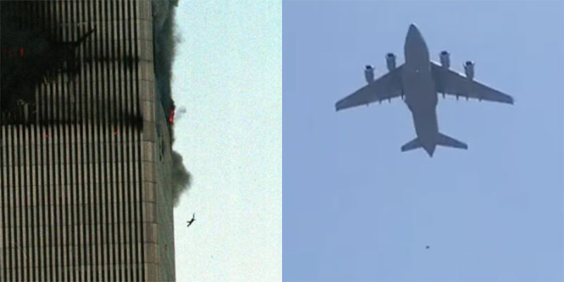 A 9/11 jumper and a person falling from a plane leaving Afghanistan