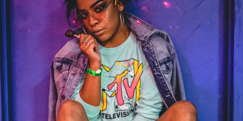 A woman in an MTV shirt