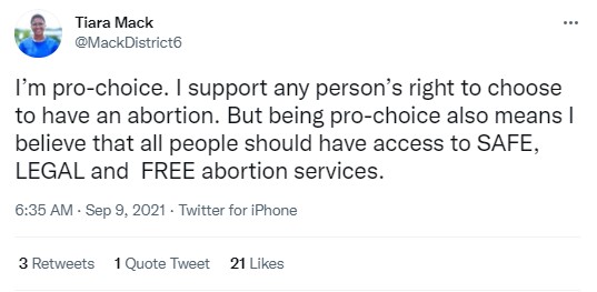 Tiara Mack 9/9/21 pro-choice tweet