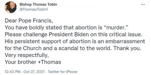 Bishop Tobin's tweet to Pope Francis