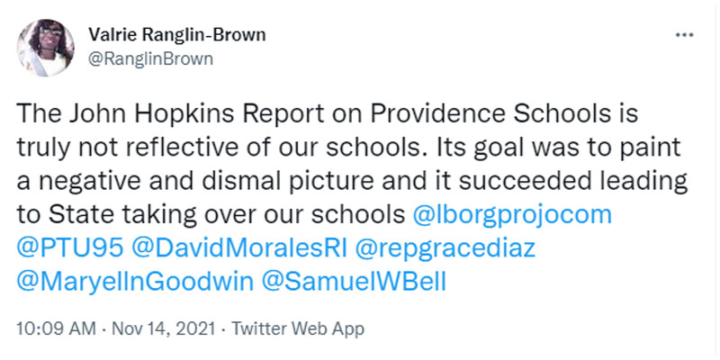 Valrie Ranglin-Brown tweets about the Johns Hopkins report