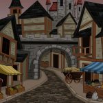 A dark, empty Medieval marketplace