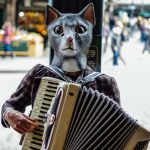 A cat man plays accordion