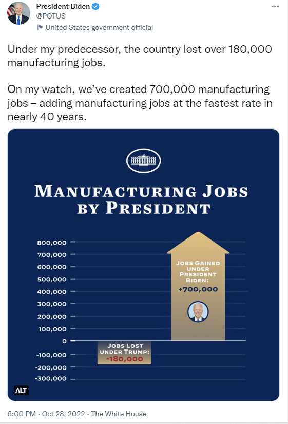 Biden takes credit for manufacturing jobs