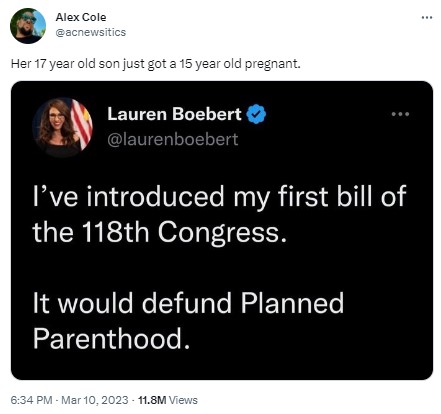 Alex Cole retweets Lauren Boebert on Planned Parenthood.