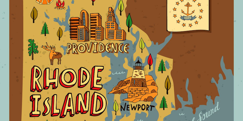 Providence and Newport featured on a cartoon map of Rhode Island.