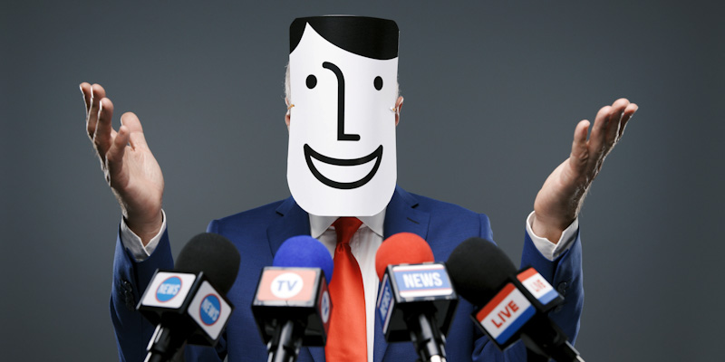 Fake politician wearing a smiling character's mask and hiding is real identity