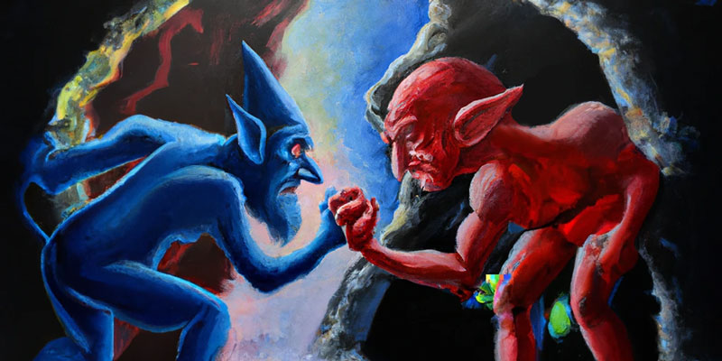 Blue gollum fighting a red gollum in a cave