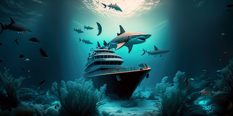 A sunken boat surrounded by sharks
