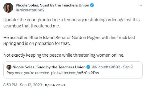 Nicoletta0602: Update: the court granted me a temporary restraining order against this scumbag that threatened me.

He assaulted Rhode Island Senator Gordon Rogers with his truck last Spring and is on probation for that. 

Not exactly keeping the peace while threatening women online.