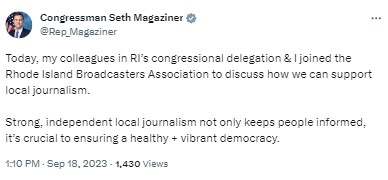 Rep_Magaziner: Today, my colleagues in RI’s congressional delegation & I joined the Rhode Island Broadcasters Association to discuss how we can support local journalism.

Strong, independent local journalism not only keeps people informed, it’s crucial to ensuring a healthy + vibrant democracy.