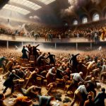 A crowd argues and riots in a large, dark hall