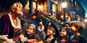 Trick-or-treating children distract an old woman to take her candy