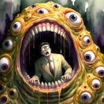 A monster with many eyes eats a college professor