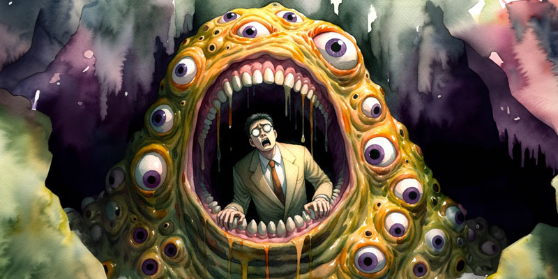 A monster with many eyes eats a college professor