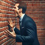 A man in a suit yells at a brick wall
