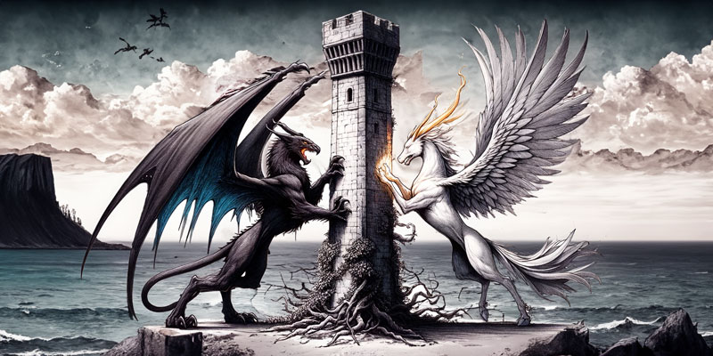 Mythical creatures press against two sides of a tower by the ocean