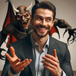 A slick man charms the listener with a demon behind him