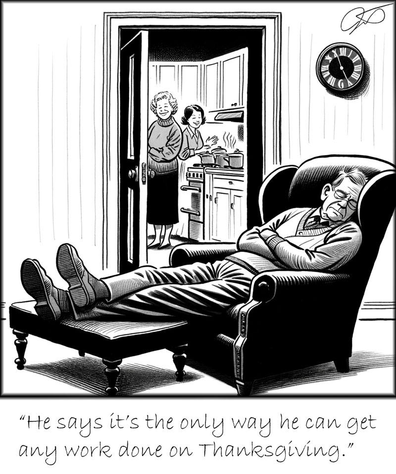 Cartoon of a man sleeping on a chair on Thanksgiving.