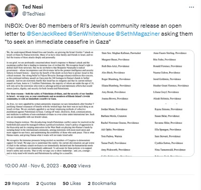 TedNesi: INBOX: Over 80 members of RI's Jewish community release an open letter to 
@SenJackReed

@SenWhitehouse

@SethMagaziner
 asking them "to seek an immediate ceasefire in Gaza"