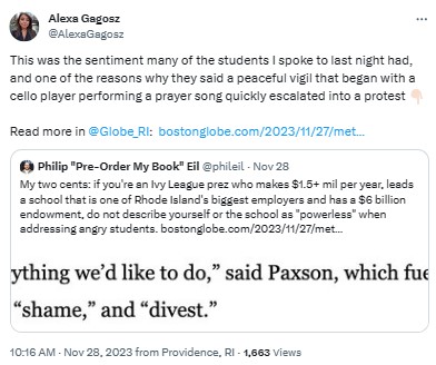 AlexaGagosz: This was the sentiment many of the students I spoke to last night had, and one of the reasons why they said a peaceful vigil that began with a cello player performing a prayer song quickly escalated into a protest