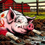 A pig with Communist branding smiles in the mud