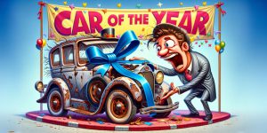 Excited man awards Car of the Year to a clunker