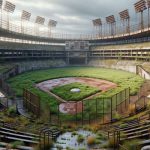An unkempt and overrun baseball stadium