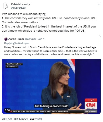 plaverty24: Two reasons this is disqualifying: 1. The confederacy was actively anti-US. Pro-confederacy is anti-US. Confederates were traitors. 2. It is the job of President to lead in the best interest of the US. If you don't know which side is right, you're not qualified for POTUS.