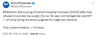 ACLUofColorado: BREAKING: We’re suing Children’s Hospital Colorado (CHCO) after they refused to provide top surgery for our 18-year-old transgender plaintiff — all while doing the same surgeries for cisgender patients.

This is discrimination — full stop.