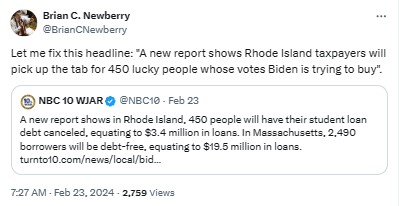 BrianCNewberry: Let me fix this headline: "A new report shows Rhode Island taxpayers will pick up the tab for 450 lucky people whose votes Biden is trying to buy".