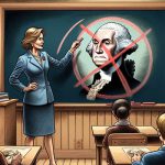 A teacher Xes out George Washington on the blackboard