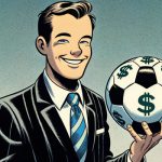 A man in a suit holds a soccer ball decorated with dollar signs