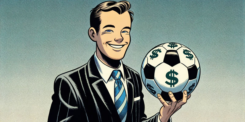A man in a suit holds a soccer ball decorated with dollar signs