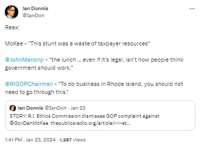 IanDon: Reax:

McKee - "This stunt was a waste of taxpayer resources"

@JohnMarionjr
 - "the lunch ... even if it’s legal, isn’t how people think government should work.” 

@RIGOPChairman
 - "To do business in Rhode Island, you should not need to go through this."