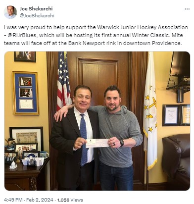 JoeShekarchi: I was very proud to help support the Warwick Junior Hockey Association - @RIJrBlues, which will be hosting its first annual Winter Classic. Mite teams will face off at the Bank Newport rink in downtown Providence.