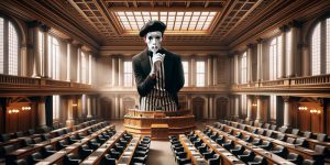 A giant mime shushes an empty legislative chamber