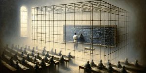 A teacher at the blackboard in a cage