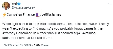 Mel: When I got asked to look into Letitia James’ financials last week, I really wasn’t expecting to find much. 
