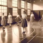 Girls jump class in a 1960s gym class