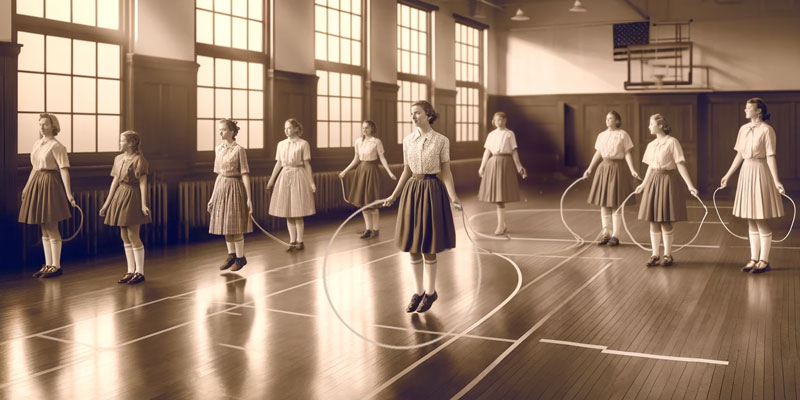 Girls jump class in a 1960s gym class