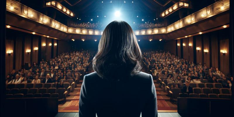 A woman in a business jacket walks on stage