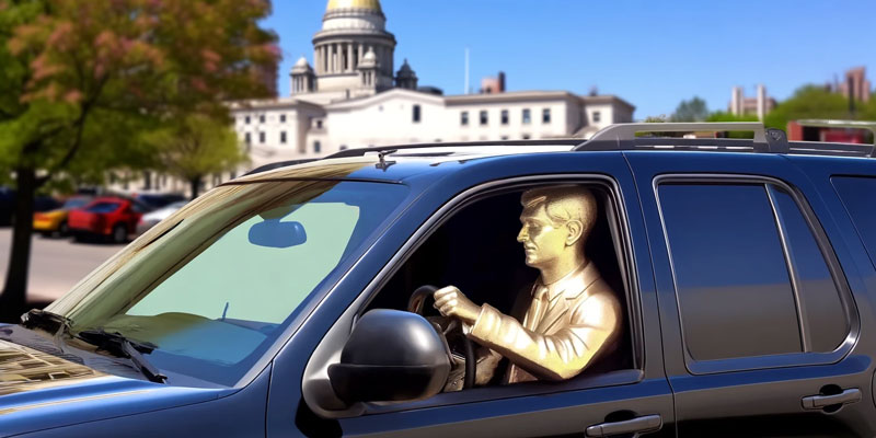 The Independent Man drives away from the State House