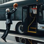 A man in a suit shoots a basketball at a city bus