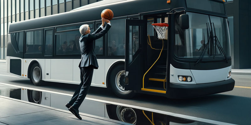 A man in a suit shoots a basketball at a city bus