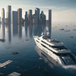 A yacht sails toward an almost entirely submerged city.